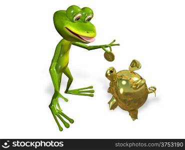 illustration merry green frog with piggy bank