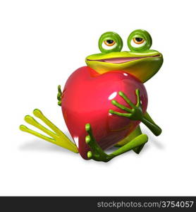 illustration merry green frog with red heart