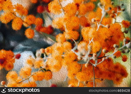 illustration nature detail orange Mimosa fluffy flower blurry water colour texture. Spring season flower art wallpaper concept