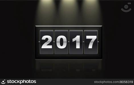 Illustration of 2017 year on black background illuminated and reflecting. 3D rendering.