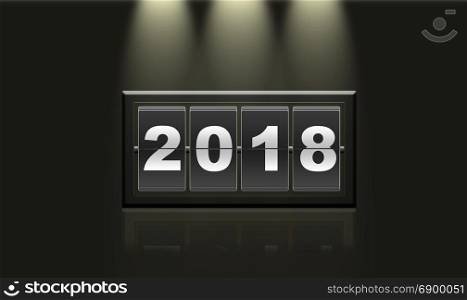 Illustration of 2018 year on black background illuminated and reflecting. 3D rendering.