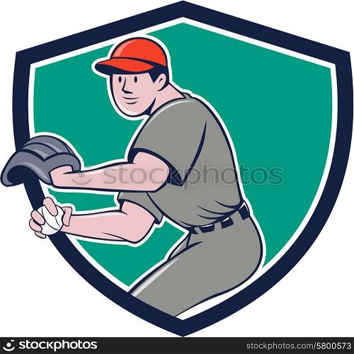 Illustration of a american baseball player pitcher outfilelder throwing ball set inside shield crest on isolated background done in cartoon style. . Baseball Player OutFielder Throwing Ball Crest Cartoon