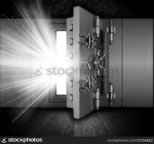 Illustration of a bank vault in a grunge interior with light beams coming out of open door