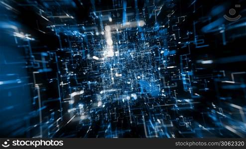 Illustration of a beautiful abstract technology background with data lines and corner particles zooming in with radial blur. Abstract Digital Data Hi Tech Background Zoom In
