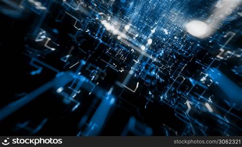 Illustration of a beautiful abstract technology background with data lines and corner particles zooming in with radial blur. Abstract Digital Data Hi Tech Background Zoom In
