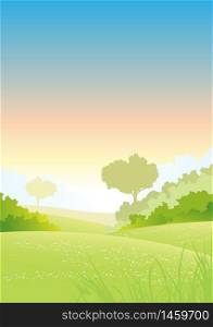 Illustration of a beautiful summer or spring seasonal morning landscape poster background. Summer Or Spring Morning Seasons Poster