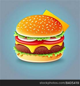 Illustration of a big hamburger on a color background. Color meal. Generative AI