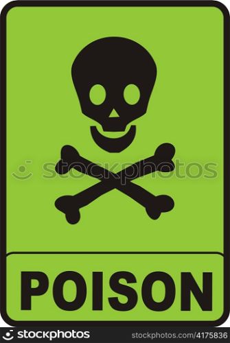 illustration of a black skull on green background and text