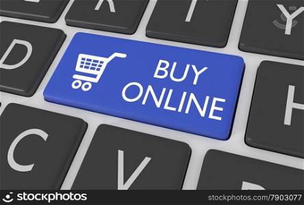 "Illustration of a blue computer keyboard button with a shopping cart symbol and the words "Buy Online""