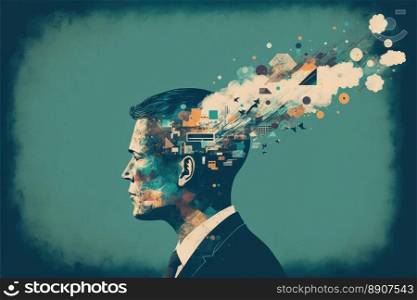 Illustration of a businessman’s mind exploding from problems and fatigue. Generative AI