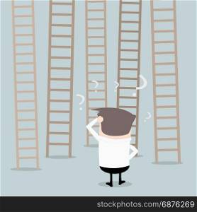 illustration of a businessman standin in front of different ladders unsure which one to climb, decision making concept, eps10 vector