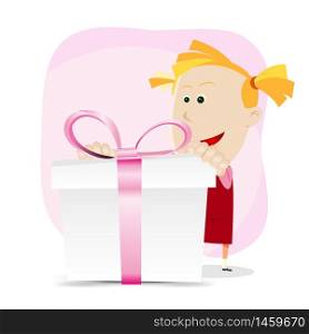 Illustration of a cartoon amazed young girl holding a gift box with pink ribbons. Girl Birthday