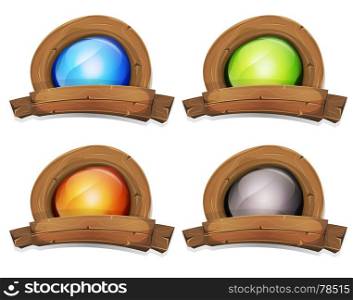 Illustration of a cartoon design wooden badge and banner with enlightened screen inside, for farm and agriculture business or ui game. Cartoon Wood Award Banner With Light Screen