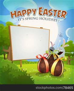 Illustration of a cartoon happy easter holidays background in spring or summer season, with chocolate eggs gifts, rabbits, bunnies characters, and country landscape. Spring Time And Easter Holidays