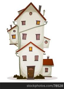 Illustration of a cartoon high big funny house, castle or manor, with lots of windows and outbuilding. Funny Big House