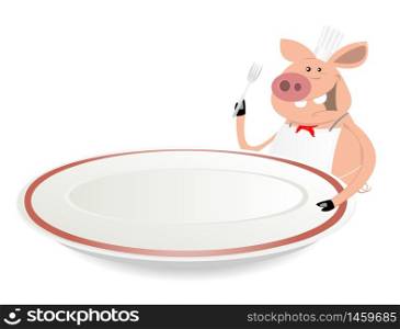 Illustration of a cartoon pig cook showing his menu on dishware. Pig Cook Showing Menu On Dishware