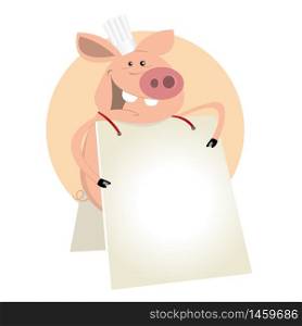 Illustration of a cartoon pig cook showing his menu standing like a sandwich-man. Pig Cook Sign
