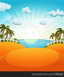 Illustration of a cartoon summer ocean beach landscape with palm trees and sun shining. Cartoon Summer Beach Landscape
