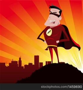 Illustration of a cartoon super hero standing proudly on the outskirts of the city over which he watches and the sun beams behind. Super Hero - Male