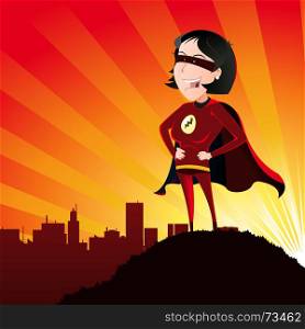 Illustration of a cartoon super hero woman standing proudly on the outskirts of the city over which she watches and the sun beams behind. Super Hero - Female