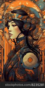 Illustration of a Chinese woman and art deco, created as a generative artwork using AI.