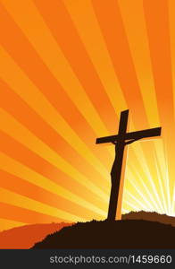 Illustration of a Christian cross silhouette with sun lights behind. Christian Cross silhouette