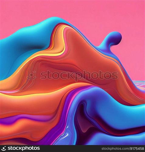Illustration of a colored floating liquid with the hues orange, purple, red, and blue on an abstract background. Generative AI.