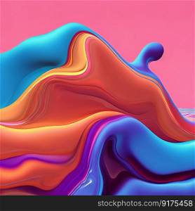 Illustration of a colored floating liquid with the hues orange, purple, red, and blue on an abstract background. Generative AI.