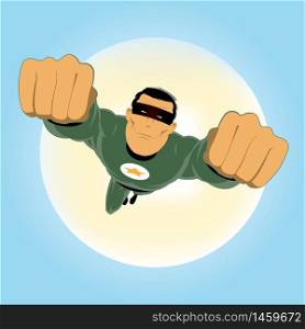 Illustration of a comic super-hero, flying in the sky. Comic-like Green Super-Hero