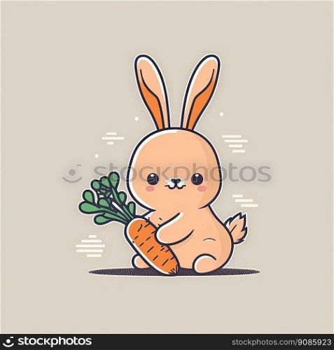 Illustration of a cute bunny holding a carrot on colored background. Generative AI