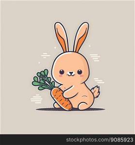 Illustration of a cute bunny holding a carrot on colored background. Generative AI