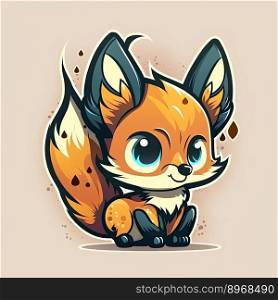 Illustration of a cute orange fox with long tail on a light background. Generative AI