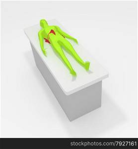 Illustration of a dead alien laying on a table