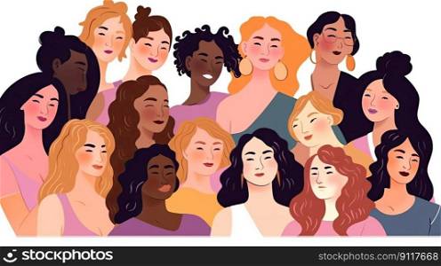illustration of a diverse group of women on a white background, each with different body types and poses, promoting empowerment by generative AI