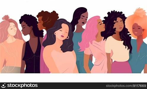 illustration of a diverse group of women on a white background, each with different body types and poses, promoting empowerment by generative AI