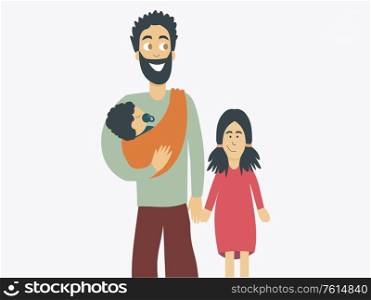 Illustration of a father carryig a baby on sling and a kid on the hand - Fathers Day Celebration