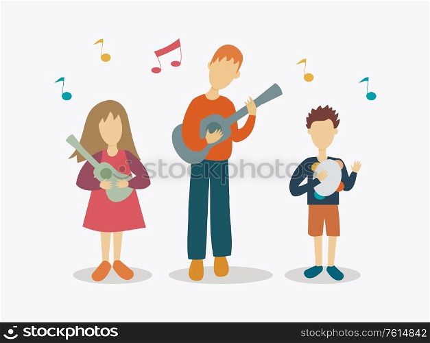 Illustration of a father playing music instrumentals with kids - Fathers Day Celebration