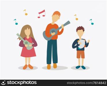 Illustration of a father playing music instrumentals with kids - Fathers Day Celebration