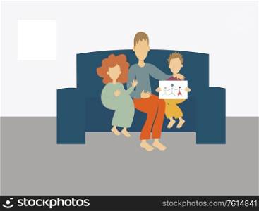 Illustration of a father sitting on couch with his son and daughter and family sketch - Fathers Day Celebration