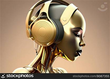 Illustration of a female humanoid robot with headphones enjoying and feeling the music on gold background. Generative AI