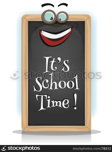 Illustration of a funny cartoon chalkboard character with place to put your text in, for happy re-entry and school season, or game ui pedagogics app on tablet pc. It's School Time