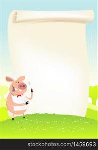 Illustration of a funny cartoon pig cook holding a fork and showing his menu. Spring Funny Pig Cook In A Field