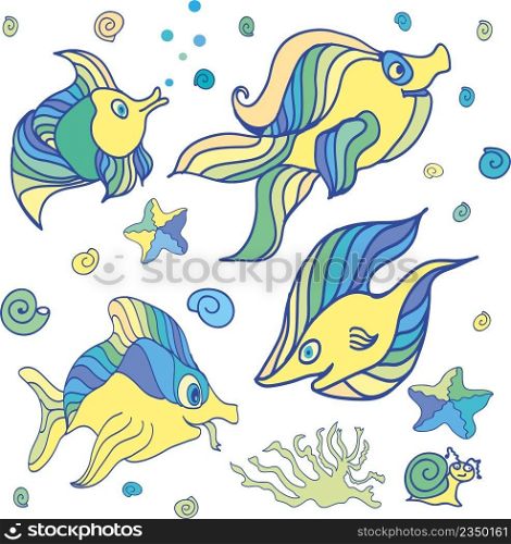 Illustration of a group of sea creatures on a white background. Group of sea creatures