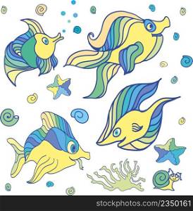 Illustration of a group of sea creatures on a white background. Group of sea creatures
