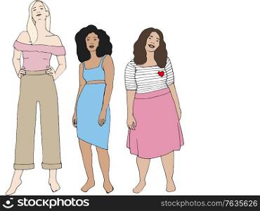 Illustration of a group of women with different body shapes. Women Diversity