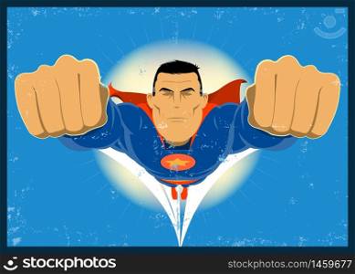 Illustration of a grunge super-hero, flying in the sky. Grunge Comic-like Super-Hero