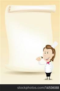 Illustration of a happy cook woman showing her menu on a parchment background. Woman Chef Restaurant Poster Menu background
