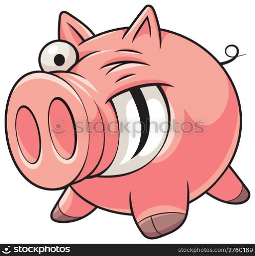Illustration of a happy fat pink pig with a big smile showing teeth
