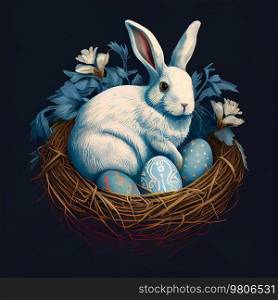 Illustration of a hare with a basket of Easter eggs. Illustration AI Generative