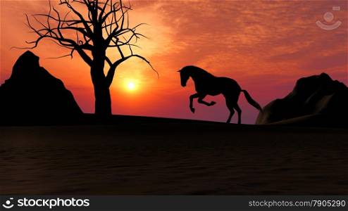 Illustration of a horse running under sunset in the desert. Horse Running under Sunset in the Desert